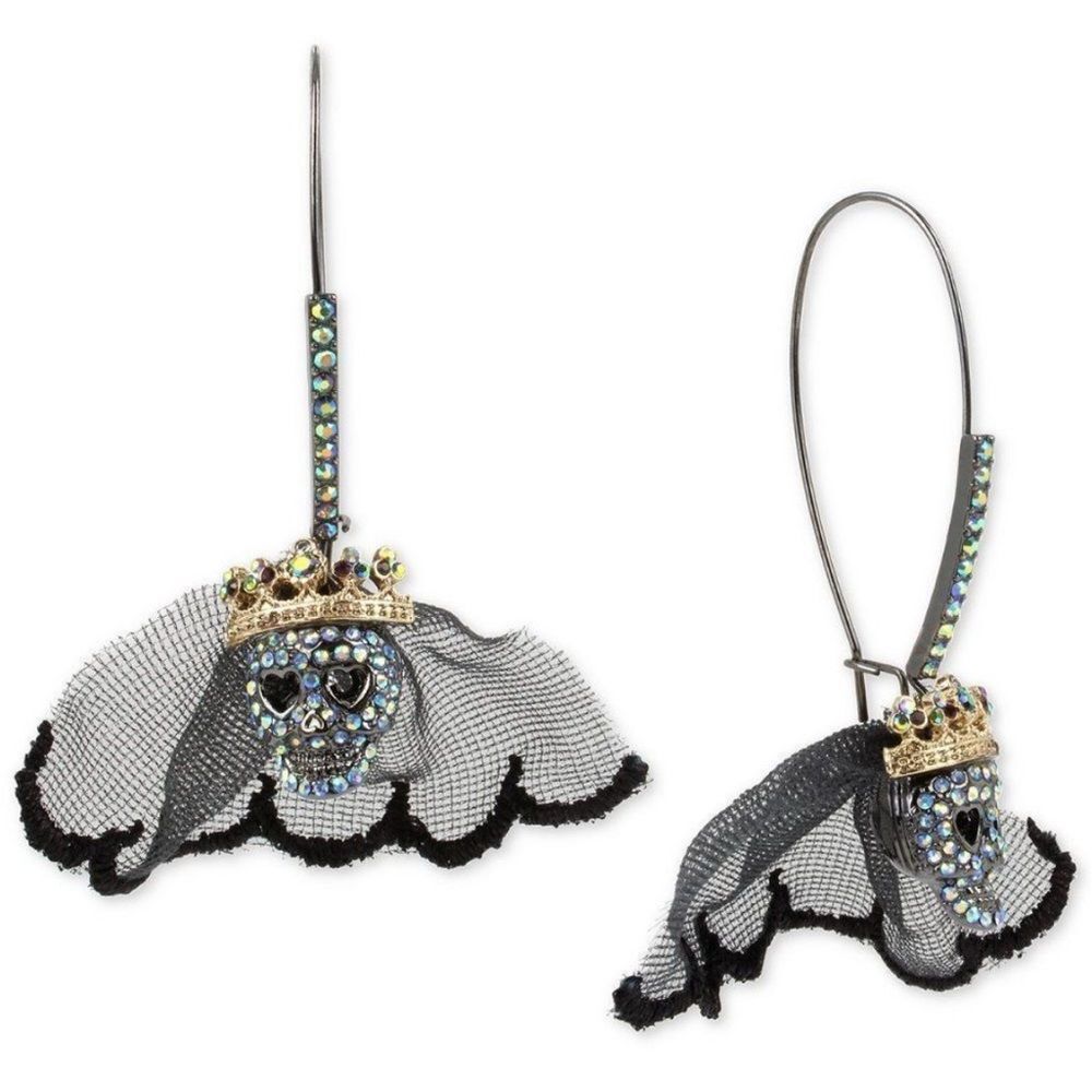 NWT Betsey Johnson Skull Bride Black Glitter Dangle Earrings - Picture 6 of 6